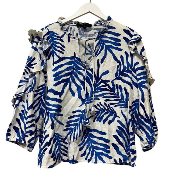 Size Large Linen Blend Resort Blue Boho Tropical Pool Vacation Ruffle Blouse Top - Picture 1 of 11